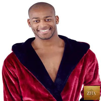 Men’s hooded plush robe by Lotus Linen in burgundy and black, featuring a front view with a cozy, ultra-soft fabric.