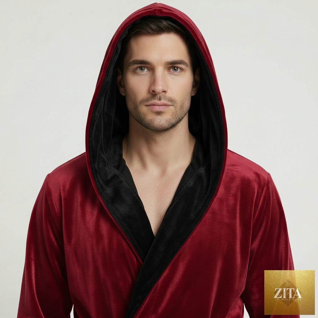 Men’s hooded robe by Lotus Linen in burgundy and black, featuring ultra-soft plush fabric and a front design for cozy comfort.