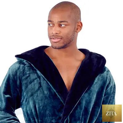 Men's hooded plush robe by Lotus Linen in green and black, featuring ultra-soft fabric and a cozy front hood for comfort.