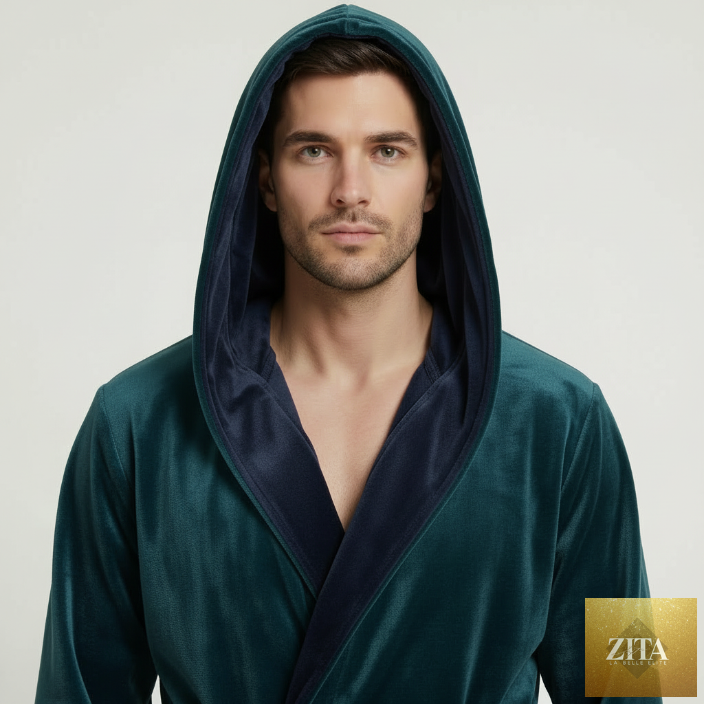 Green and black men's hooded robe by Lotus Linen, featuring ultra-soft plush fabric and a cozy front design.