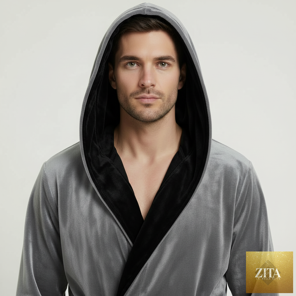 Men’s grey and black hooded robe by Lotus Linen, made of ultra-soft plush fabric, shown from the front view.