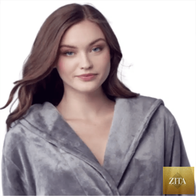 Gray women's plush hooded robe by Lotus Linen with a front view, showcasing soft, cozy fabric and a hood for spa-like comfort at home.