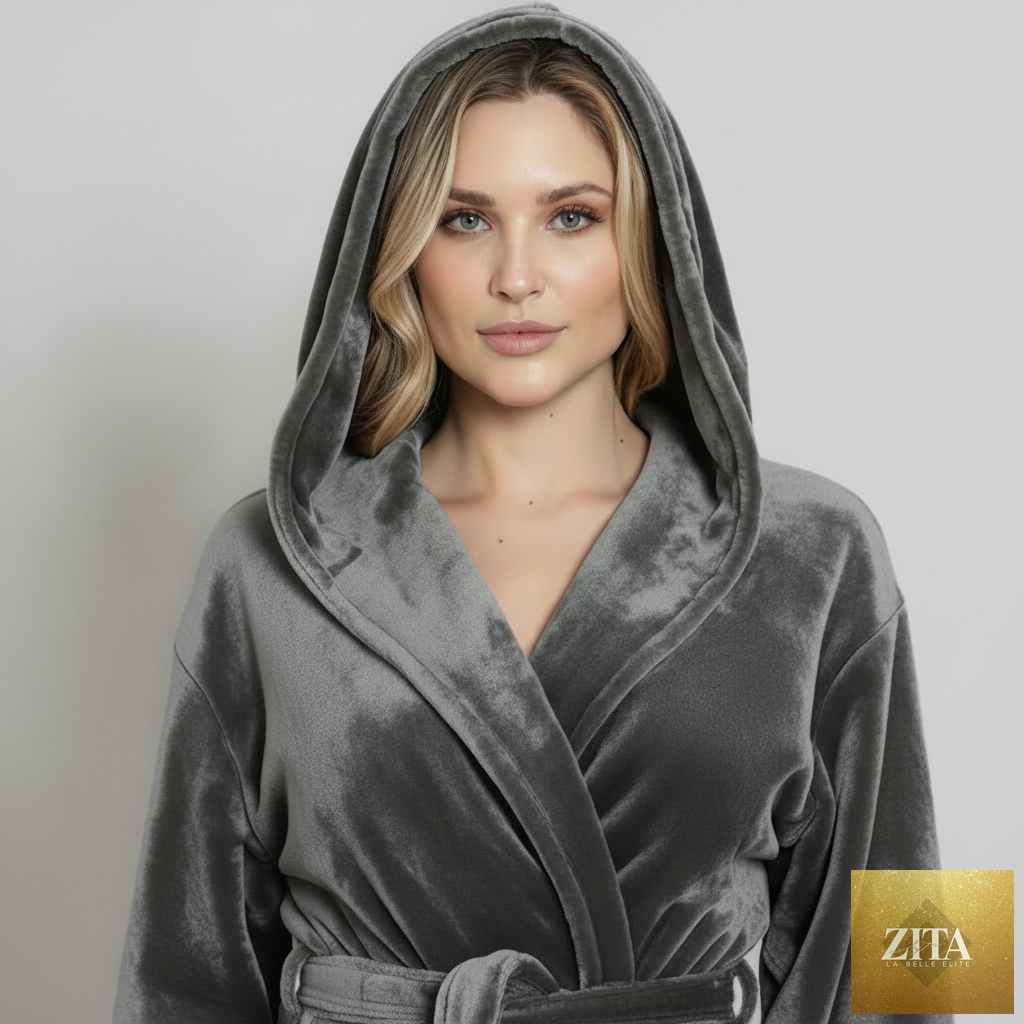 Gray women's plush hooded robe from Lotus Linen, featuring a front view with a cozy hood and soft, luxurious fabric.