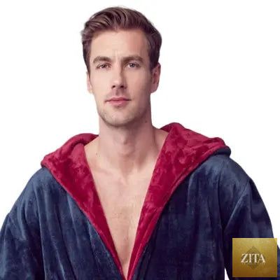 Navy and burgundy men's hooded plush robe by Lotus Linen, front view showing soft, cozy fabric and hood for comfortable everyday wear.