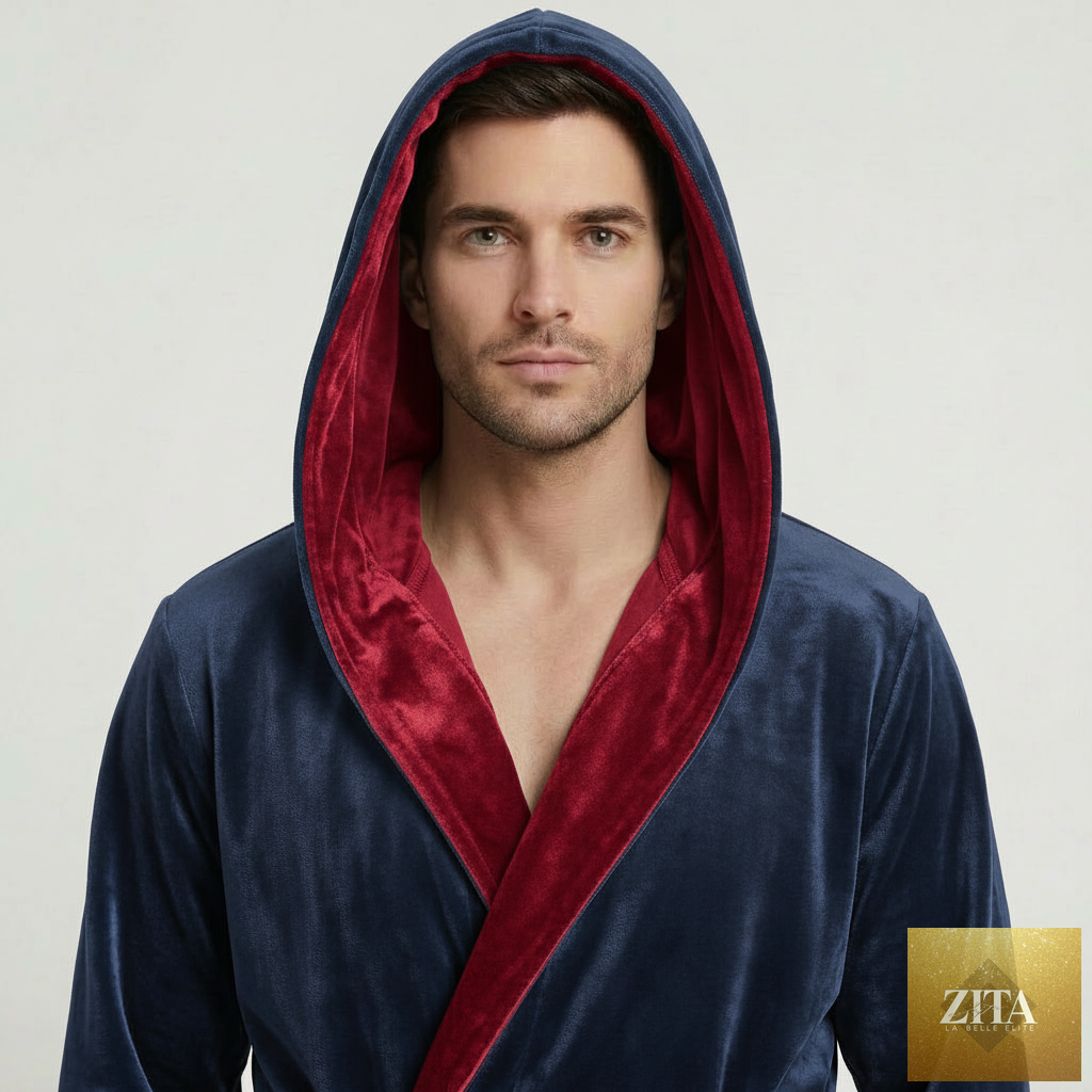 Navy and burgundy men's hooded plush robe from Lotus Linen, featuring a front view with a soft, cozy hood for everyday comfort.
