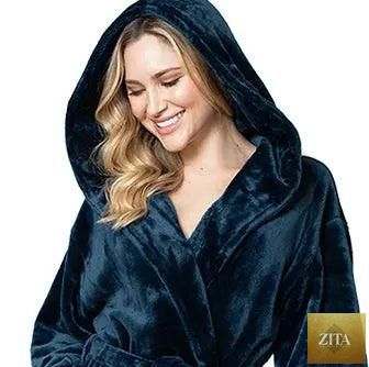 Navy women's plush hooded robe from Lotus Linen with front view, soft fabric, and cozy hood for spa-style comfort at home.