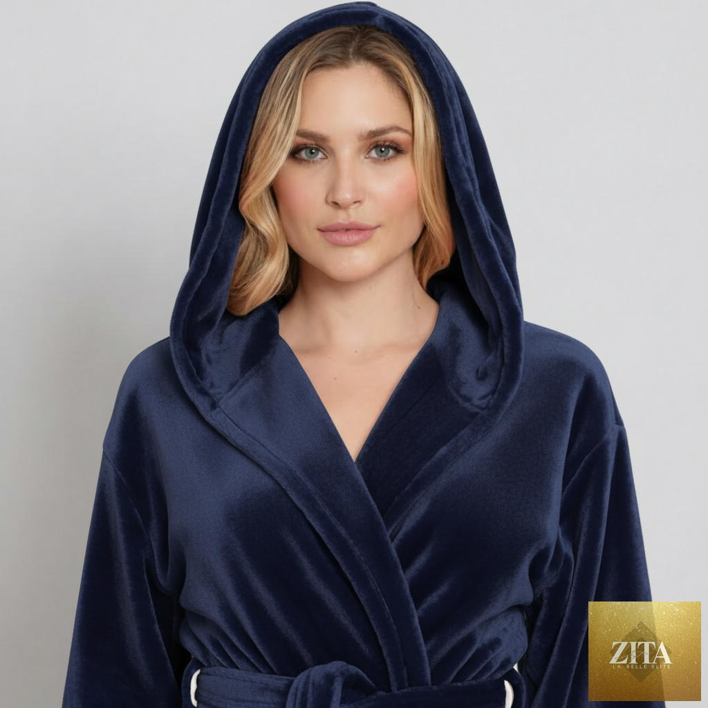 Navy women’s plush hooded robe by Lotus Linen, front view showing soft fabric, cozy hood, and relaxed fit for spa-like comfort.