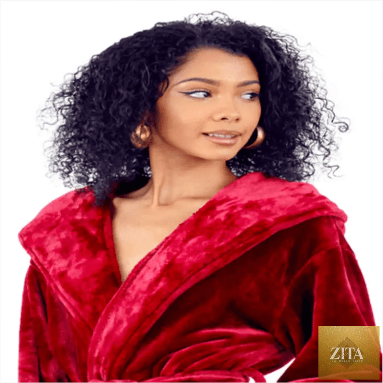 Women’s plush hooded robe by Lotus Linen in wine red, featuring a cozy front view with a hood and soft fabric.