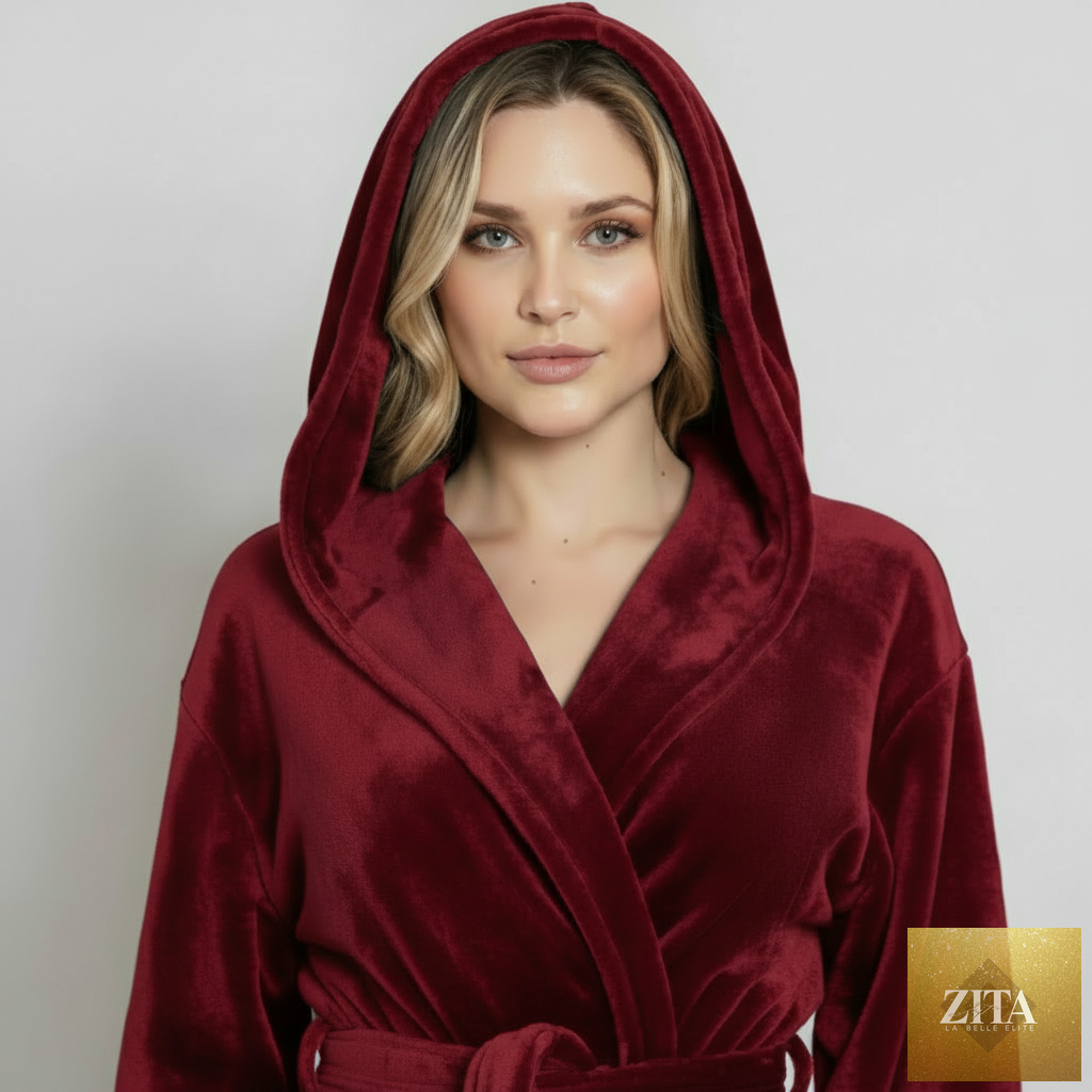 Wine red women's plush hooded robe by Lotus Linen, featuring a front view with a cozy hood and soft fabric for spa-worthy comfort.