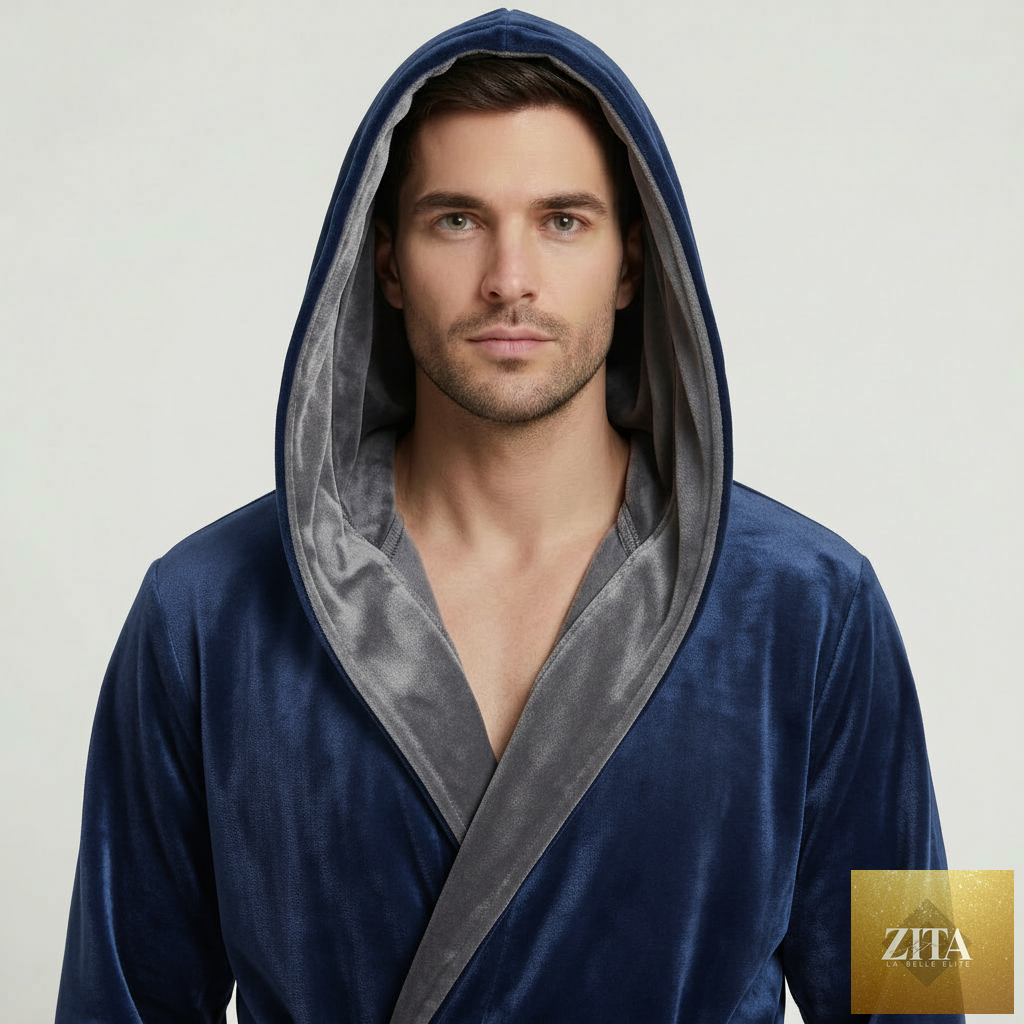 Men’s navy grey hooded plush robe from Lotus Linen, featuring a soft, cozy front view perfect for everyday comfort.