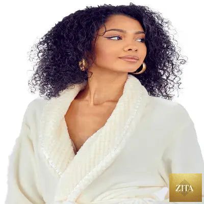 Front view of Lotus Linen women's ultra soft plush bathrobe in natural color, showcasing cozy, plush fabric and relaxed fit.