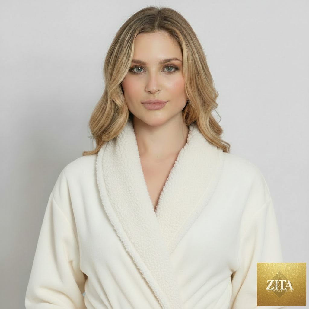 Front view of Lotus Linen women's ultra soft plush bathrobe showcasing cozy, plush fabric and relaxed fit.