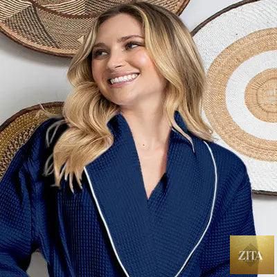 Lightweight navy women's waffle piping bathrobe by Lotus Linen, featuring spa-style comfort and front small piping detail.
