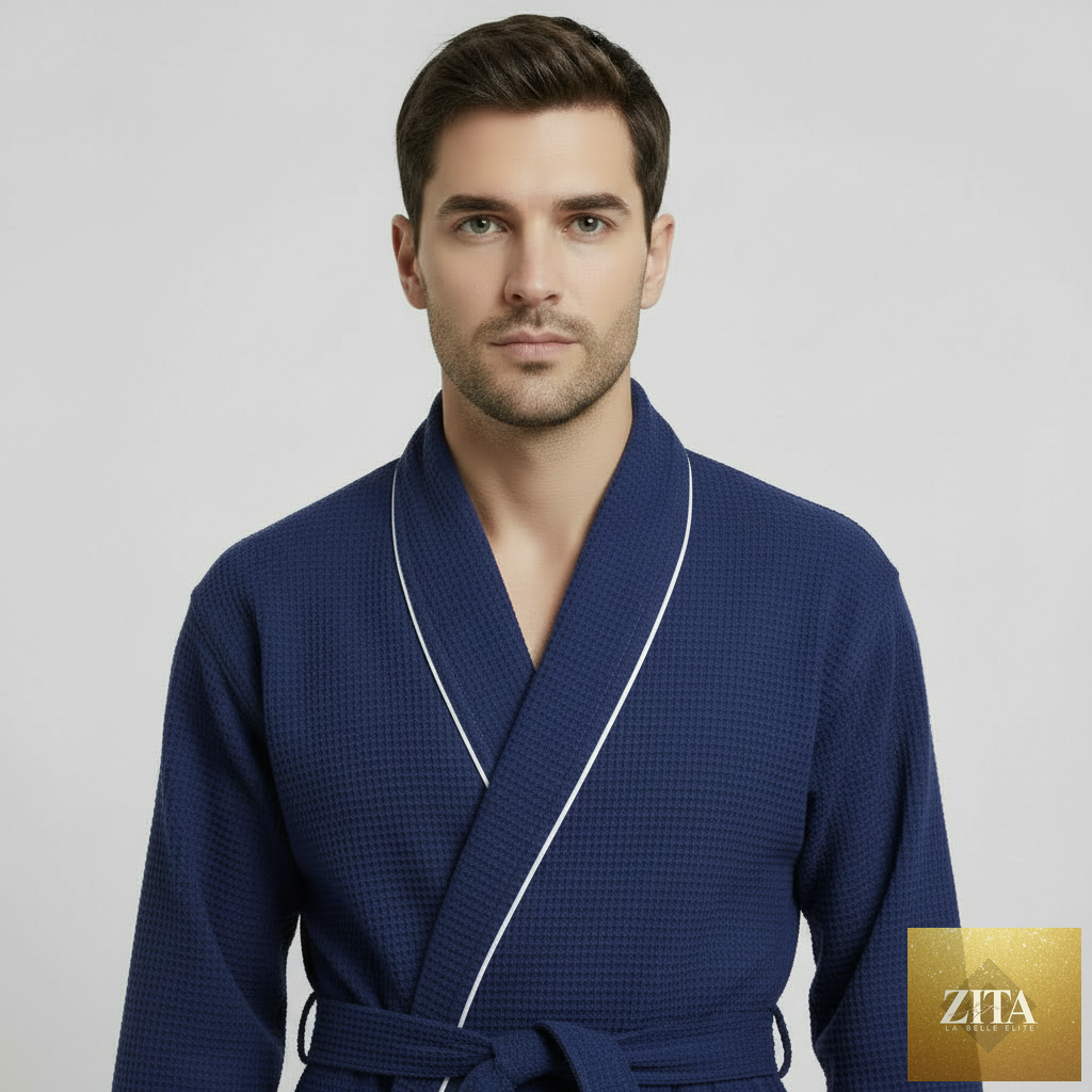 Front view of Lotus Linen men's navy waffle piping robe with small piping details, showcasing the comfortable, stylish design.