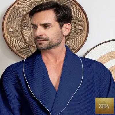 Navy men's waffle piping robe by Lotus Linen, front view showing soft fabric and piping details for a comfortable, stylish look.
