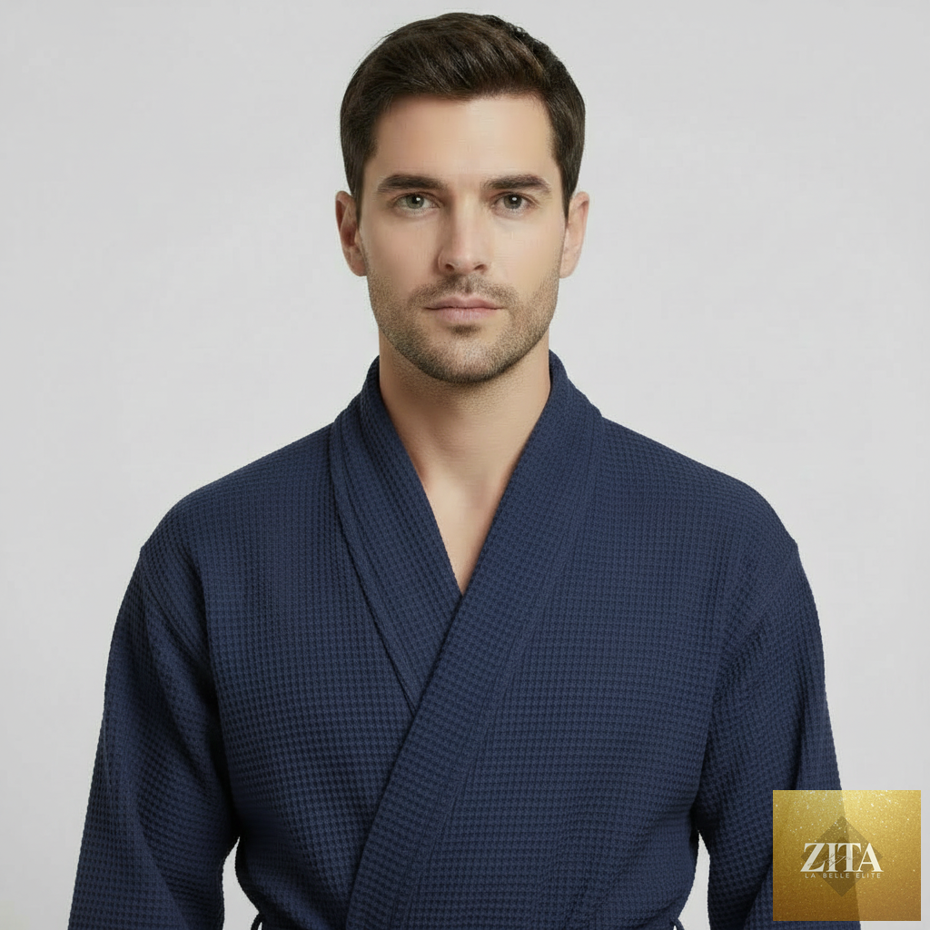 Front view of navy Lotus Linen men's waffle spa bathrobe, absorbent and lightweight, with a secure belt and cozy collar.