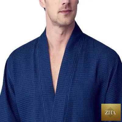 Men's navy waffle spa bathrobe by Lotus Linen, lightweight and absorbent, shown from the front.