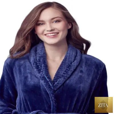Navy women's ultra-soft plush bathrobe from Lotus Linen, front view showing cozy, plush fabric and relaxed fit.