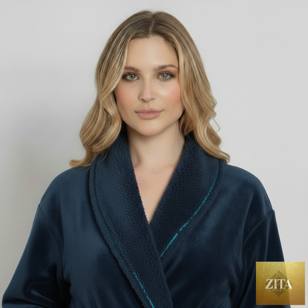 Navy women's ultra-soft plush bathrobe by Lotus Linen, front view showing cozy collar and tied waist.