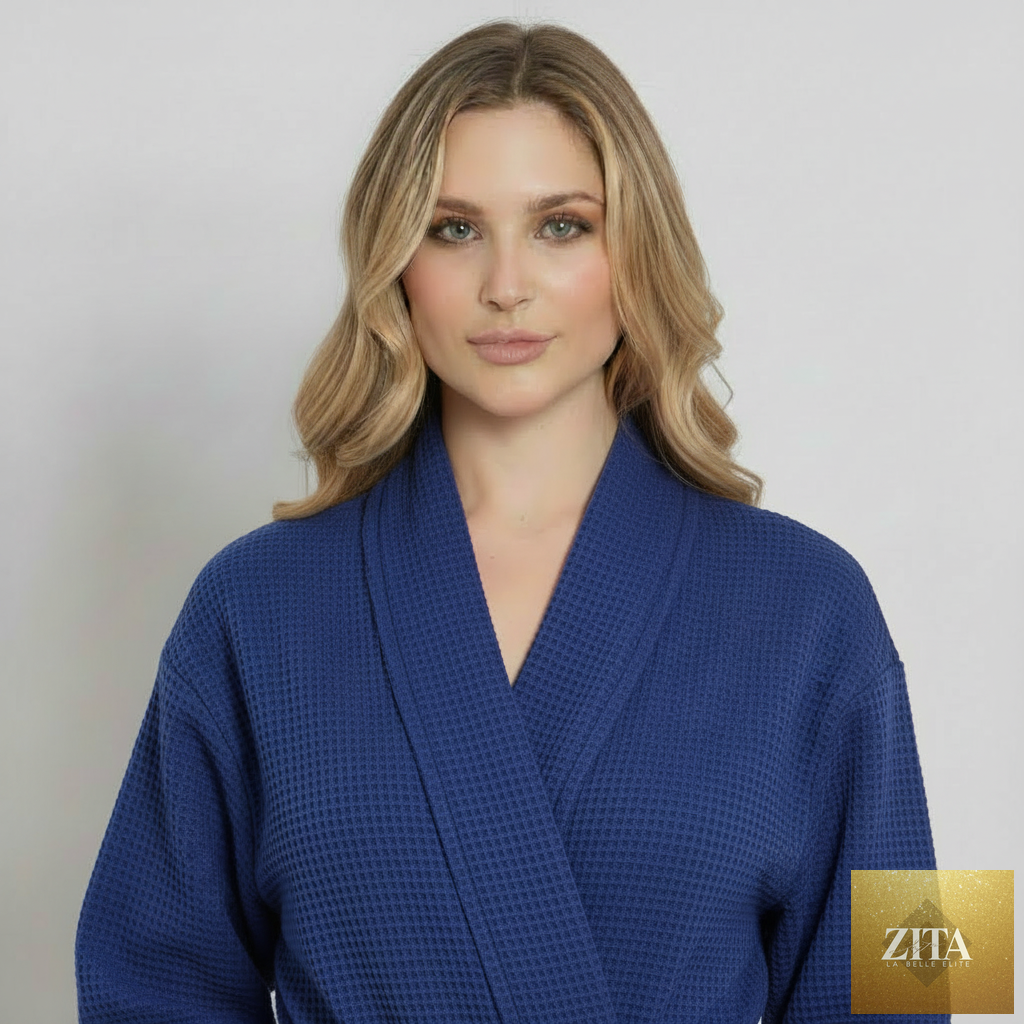 Navy women's lightweight waffle robe by Lotus Linen, front view showcasing quick-dry spa comfort and cozy fit.