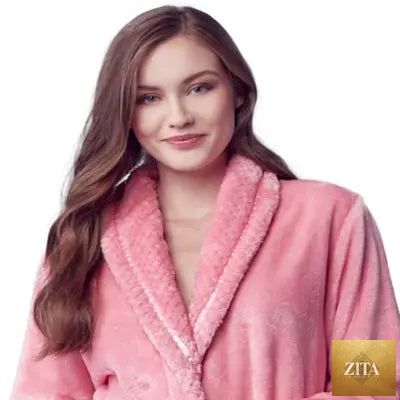 Pink Lotus Linen women's ultra soft plush bathrobe shown from the front, highlighting the cozy, plush fabric and relaxed fit.