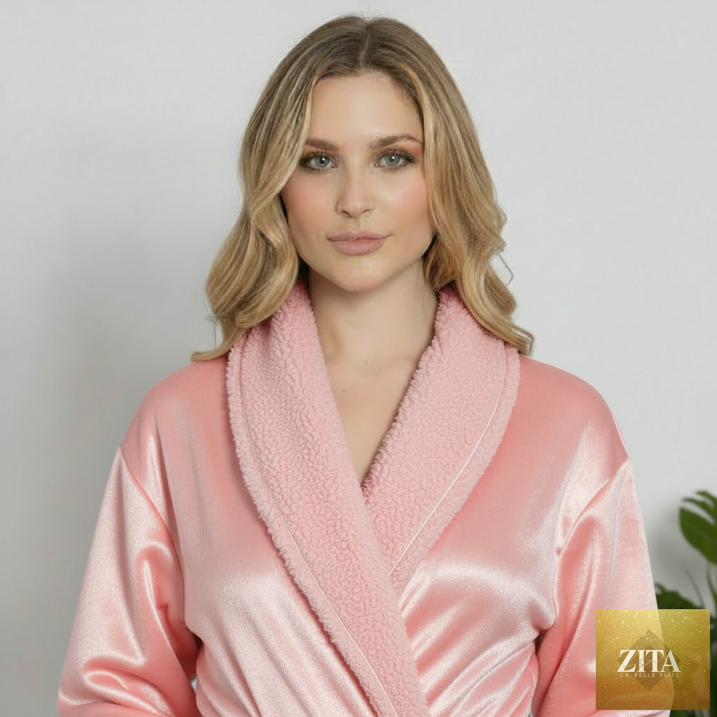 Pink Lotus Linen women's ultra-soft plush bathrobe shown from the front, highlighting its cozy, plush fabric and comfortable fit.