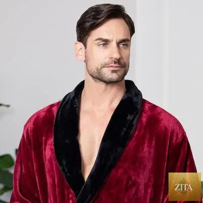 Front view of Lotus Linen men's plush burgundy and black cozy robe, showcasing soft fabric and relaxed fit.