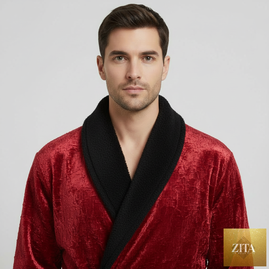 Lotus Linen cozy men's plush robe in burgundy and black, featuring a front small shawl collar for comfort and warmth.