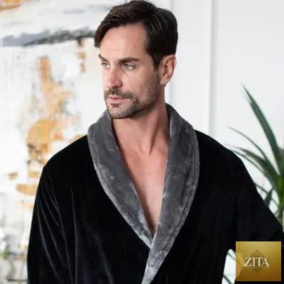 Black and gray men's plush robe by Lotus Linen, featuring a shawl collar and cozy front design for comfort and warmth.