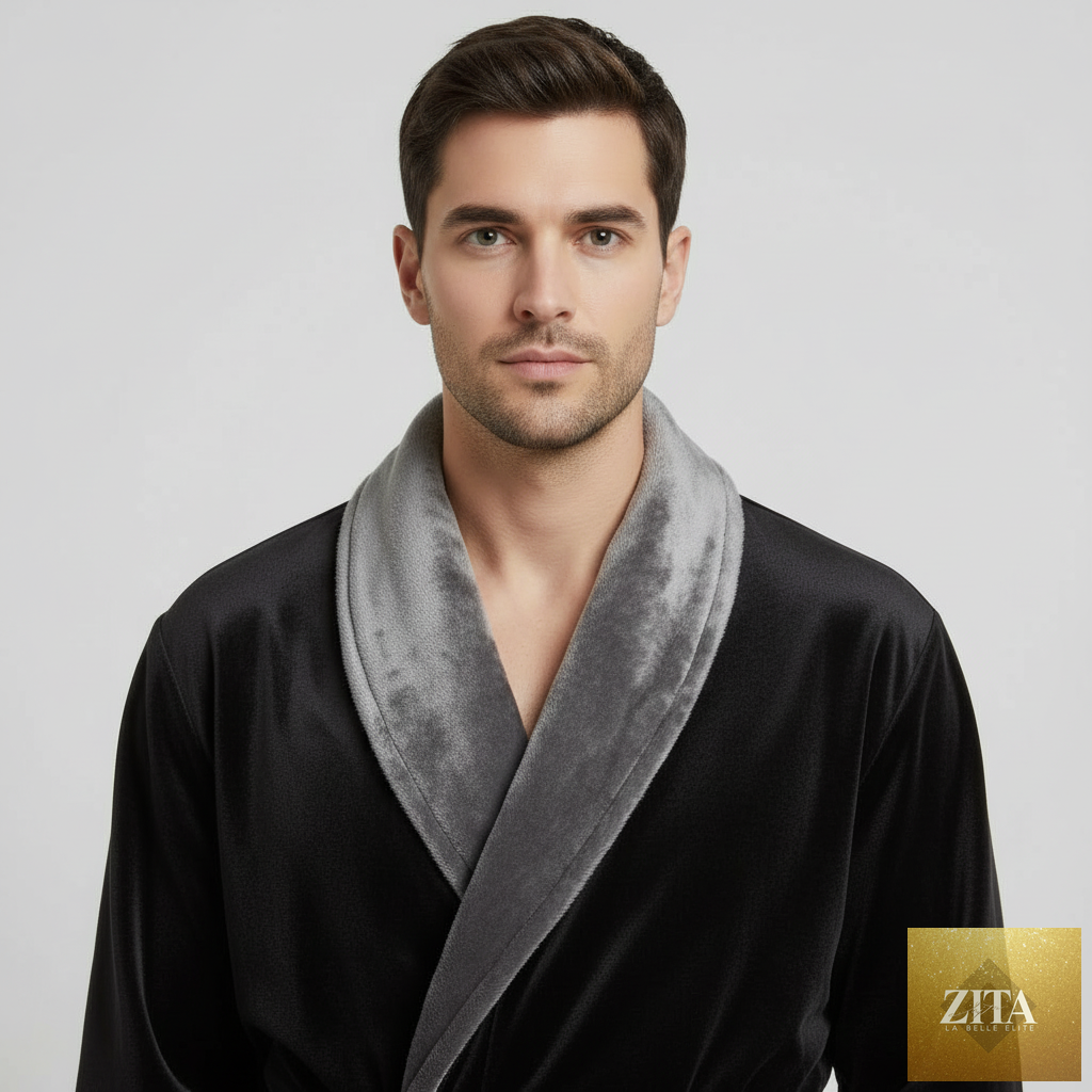 Black and gray men's plush robe from Lotus Linen featuring a small shawl collar, designed for cozy comfort.
