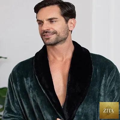 Green and black plush men's robe by Lotus Linen with a small shawl collar, showcasing soft fabric and cozy design.