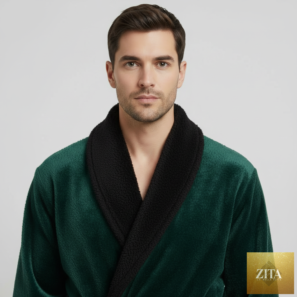 Green and black men's plush robe by Lotus Linen with a small shawl collar, shown from the front. Comfortable and durable loungewear.