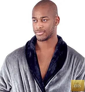 Grey and black plush men's robe from Lotus Linen featuring a small shawl collar, perfect for cozy comfort.