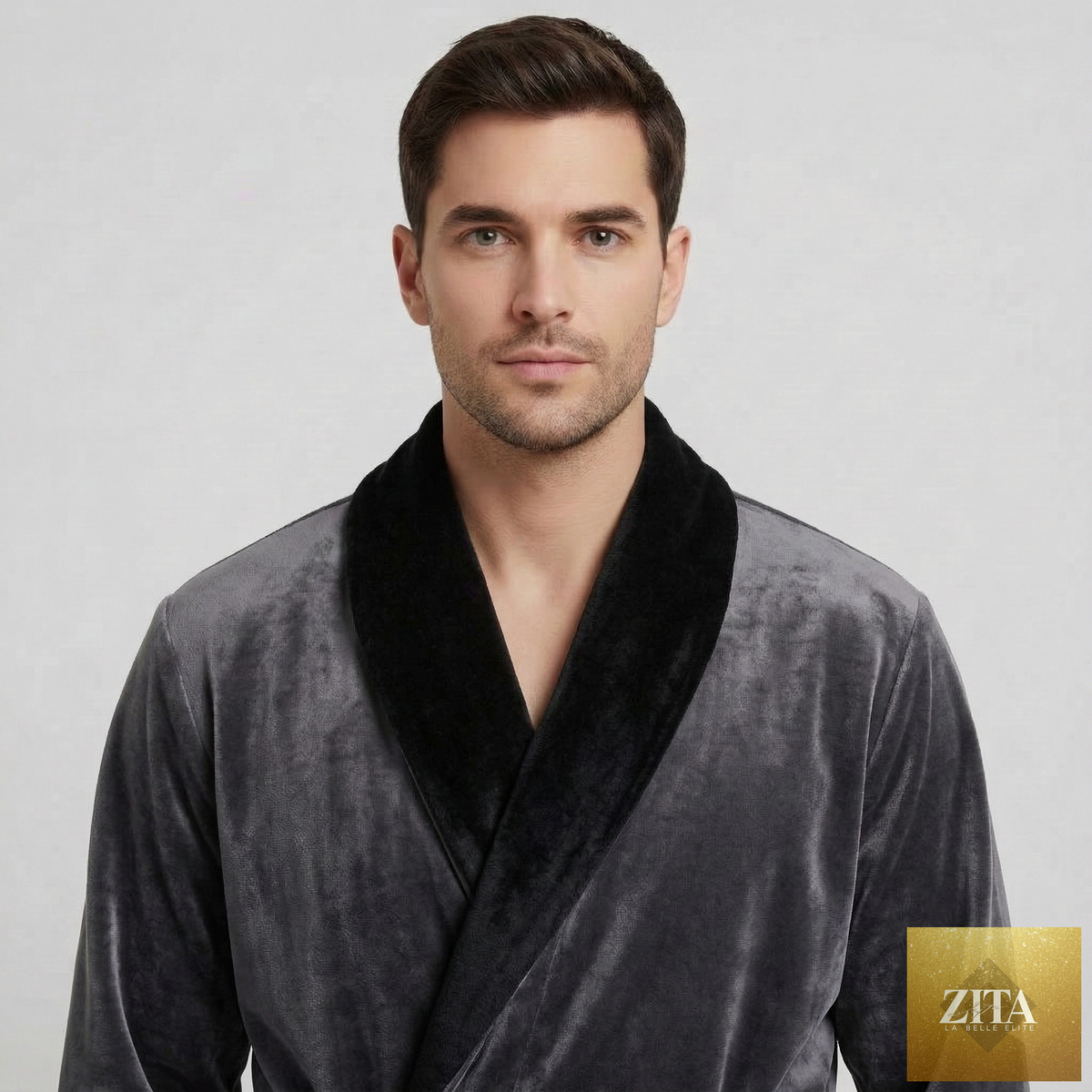Front view of Lotus Linen men's plush shawl robe in grey and black, showcasing soft fabric and cozy design.