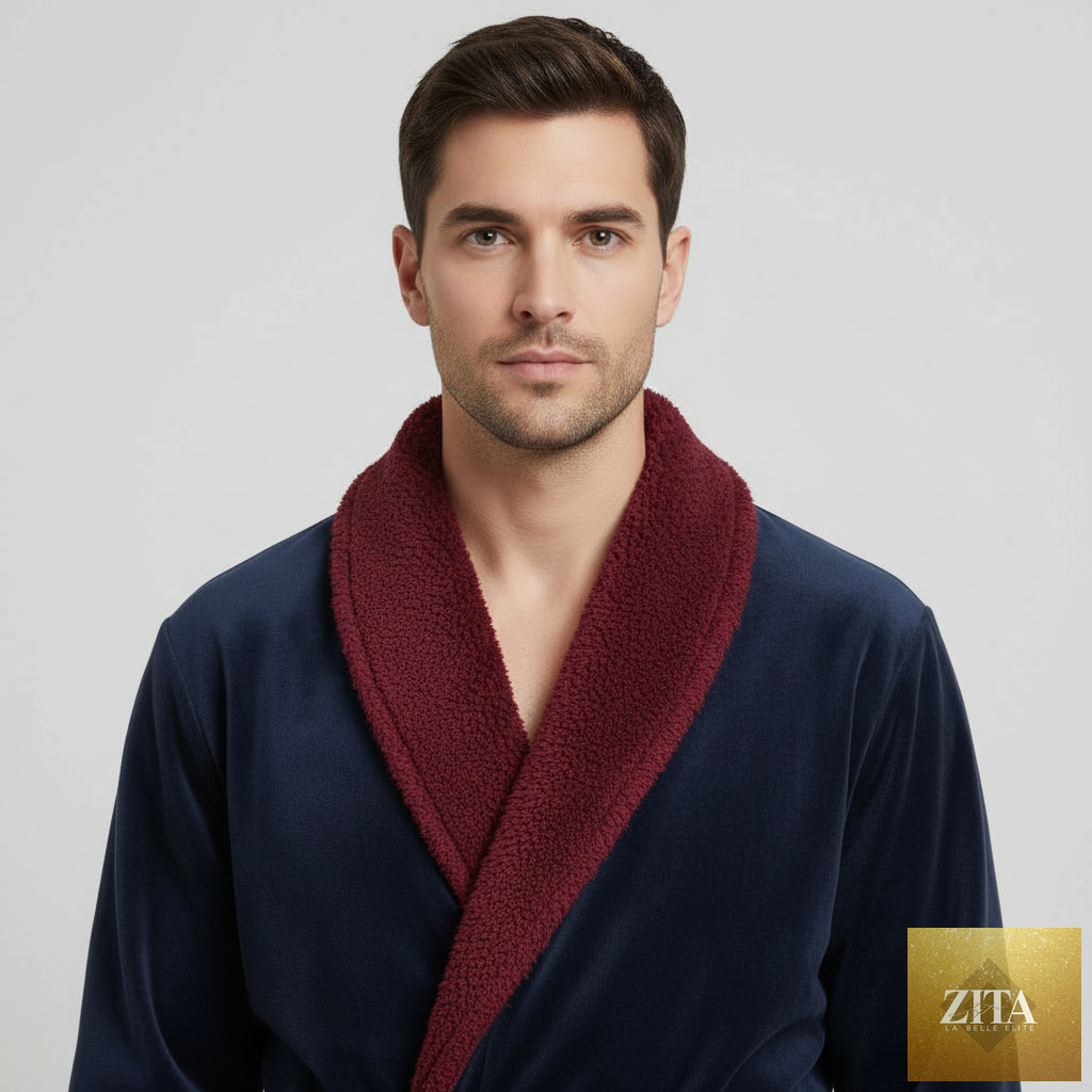 Navy and burgundy men's plush robe by Lotus Linen with a small shawl collar, displayed front view for cozy comfort.