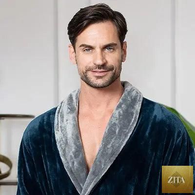 Navy dark gray men's plush robe from Lotus Linen with small shawl collar, soft and comfortable for lounging.