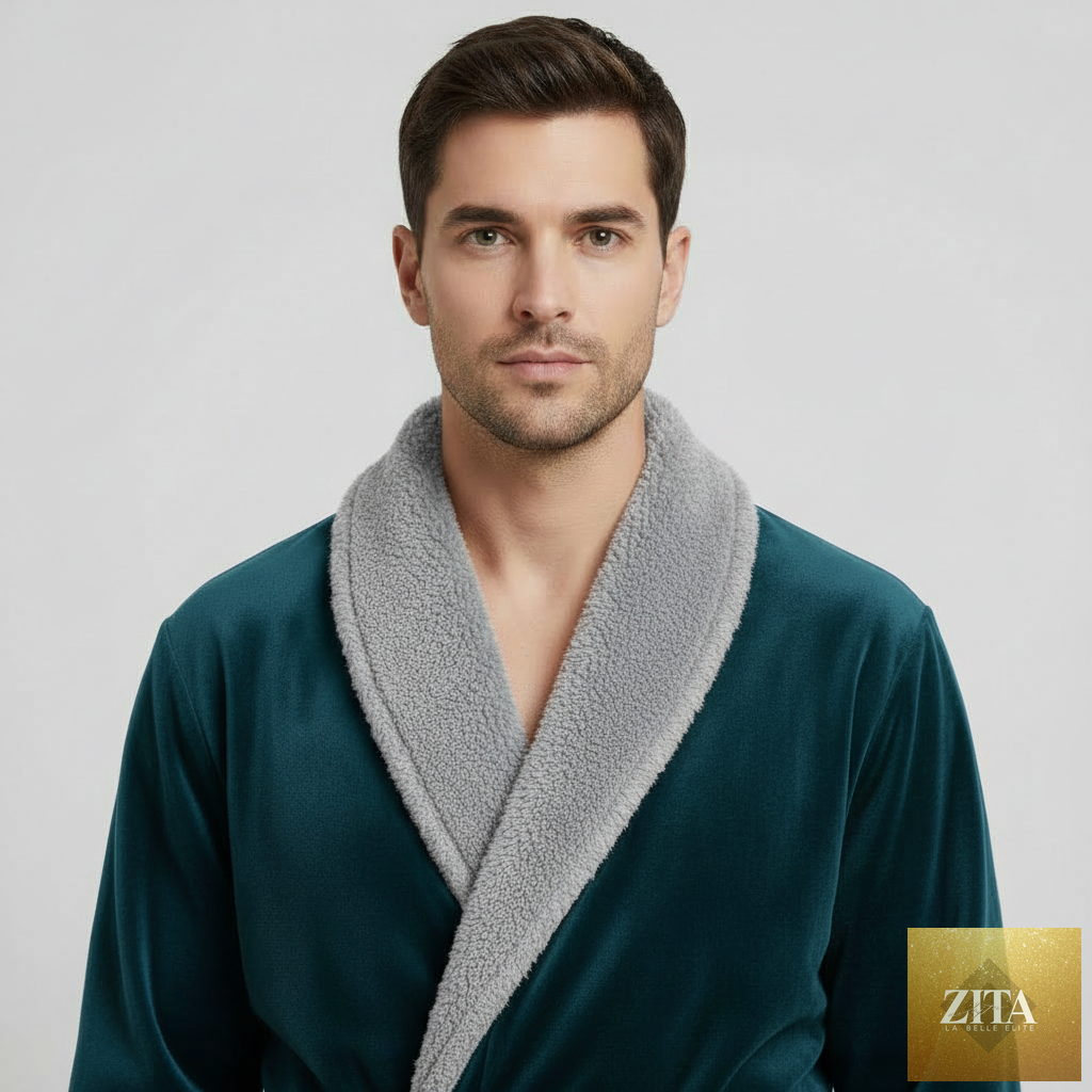 Navy and dark gray men's plush robe with shawl collar, front view, soft and cozy fabric by Lotus Linen.