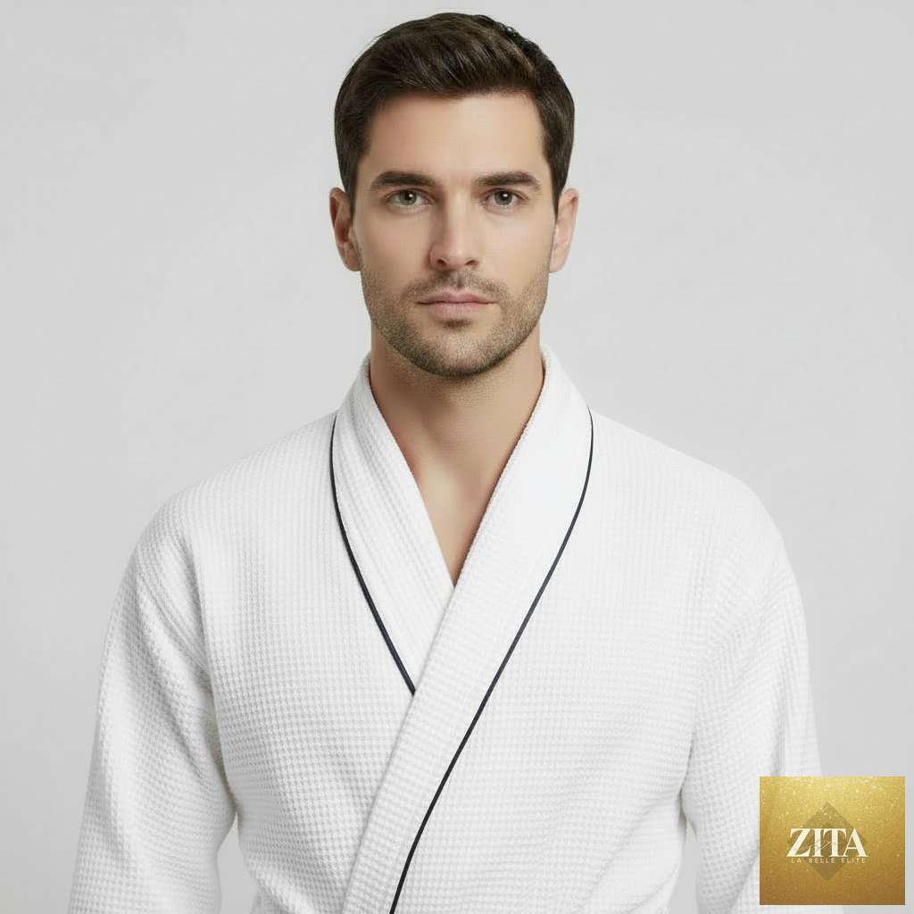 Front view of Lotus Linen men's premium waffle piping robe in small white with piped trim, showcasing its soft, textured fabric.