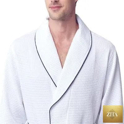 Front view of Lotus Linen men's premium waffle piping robe in small white with piping details, showcasing its soft, comfortable fabric.