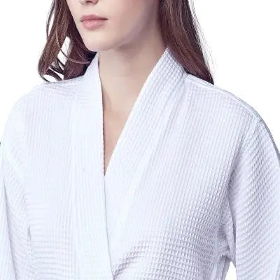 White women's lightweight waffle robe by Lotus Linen, featuring a front view, quick-dry spa comfort fabric.