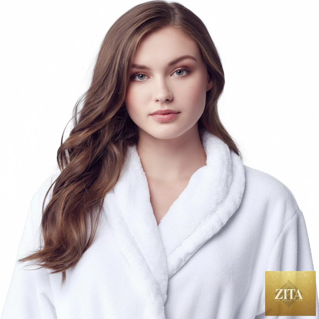Soft white Lotus Linen women's plush bathrobe displayed from the front, highlighting its cozy, ultra-soft fabric and relaxed fit.