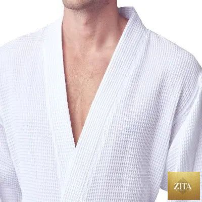Front view of Lotus Linen men's waffle spa bathrobe in small white, lightweight and absorbent for comfortable lounging.