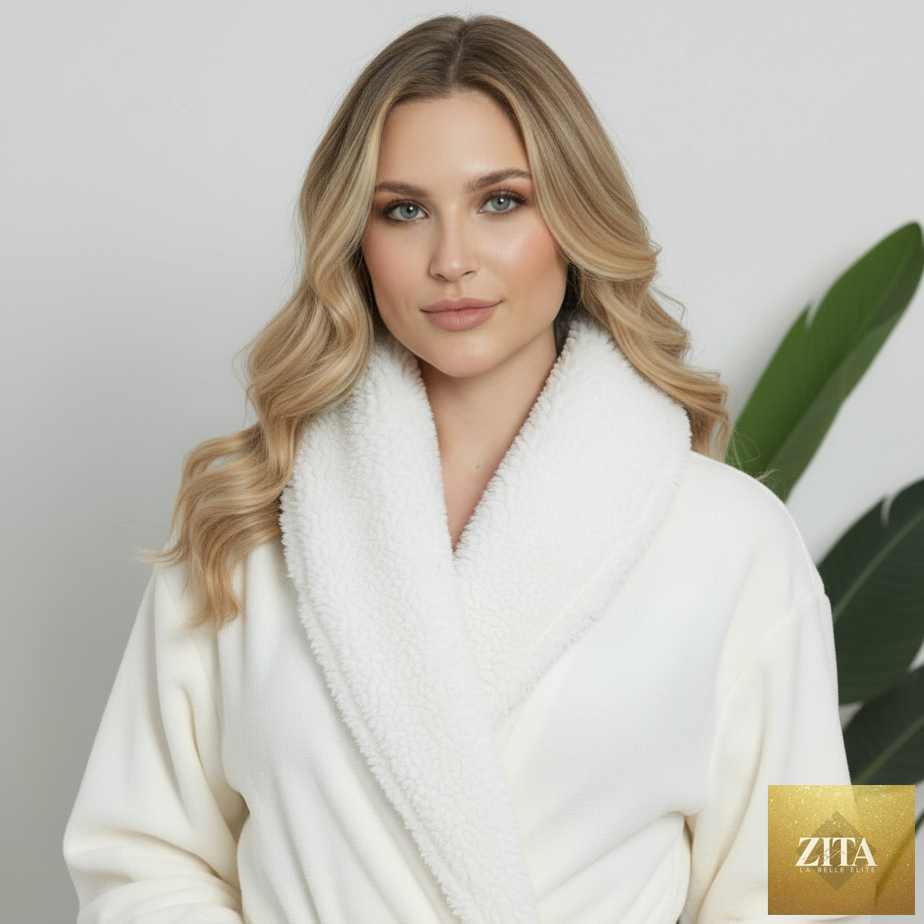 Front view of Lotus Linen women's ultra soft plush bathrobe in small size, white color, showcasing its cozy, plush fabric and comfortable fit.