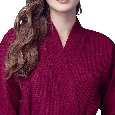 Womens lightweight wine-red waffle robe by Lotus Linen, quick-dry spa robe with front view, soft and comfortable for relaxing wear.
