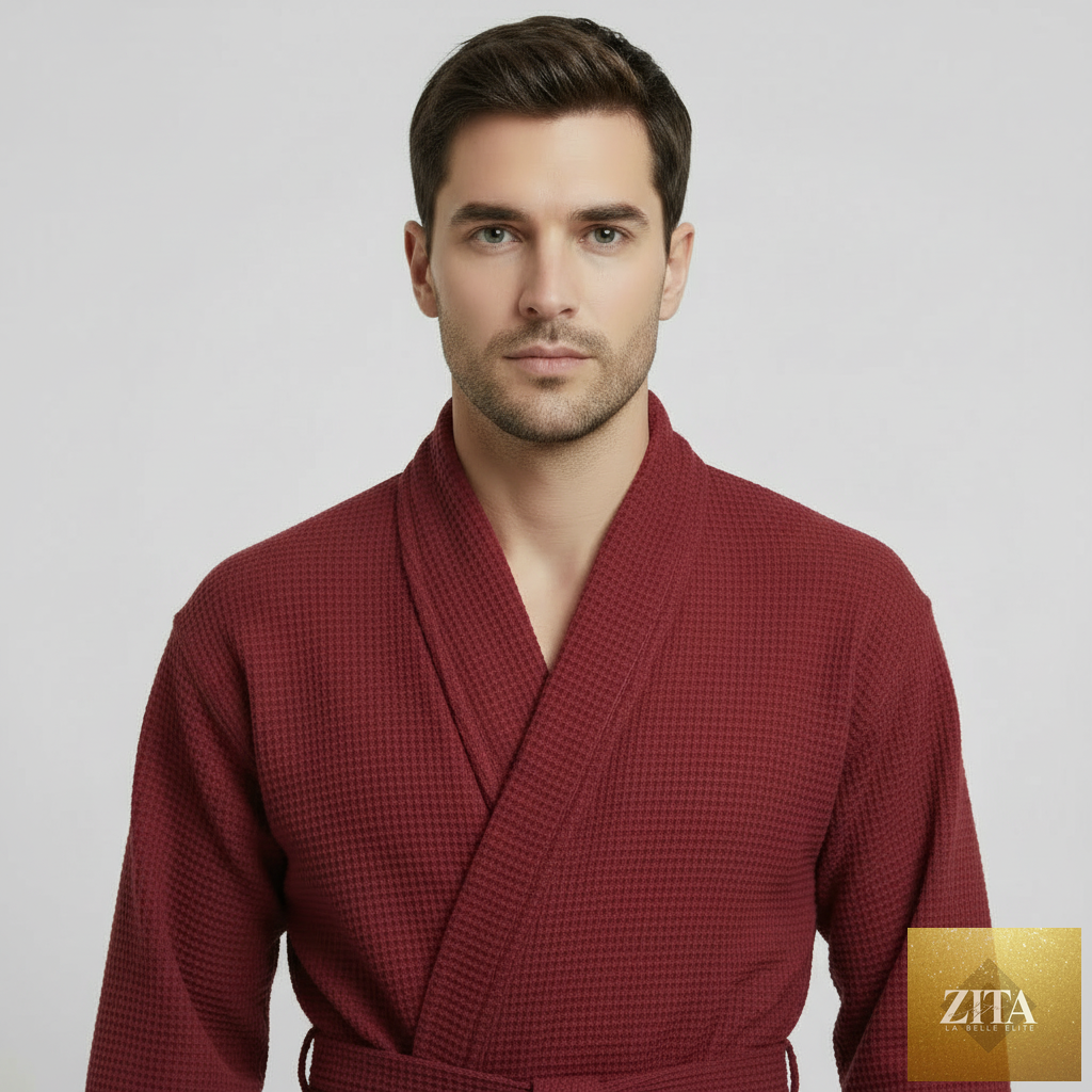 Wine-red Lotus Linen men's waffle spa bathrobe with front small pockets, lightweight and absorbent for comfortable wear.