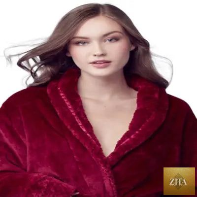 Women's plush bathrobe by Lotus Linen in wine red, shown from the front with soft, cozy fabric and relaxed fit.