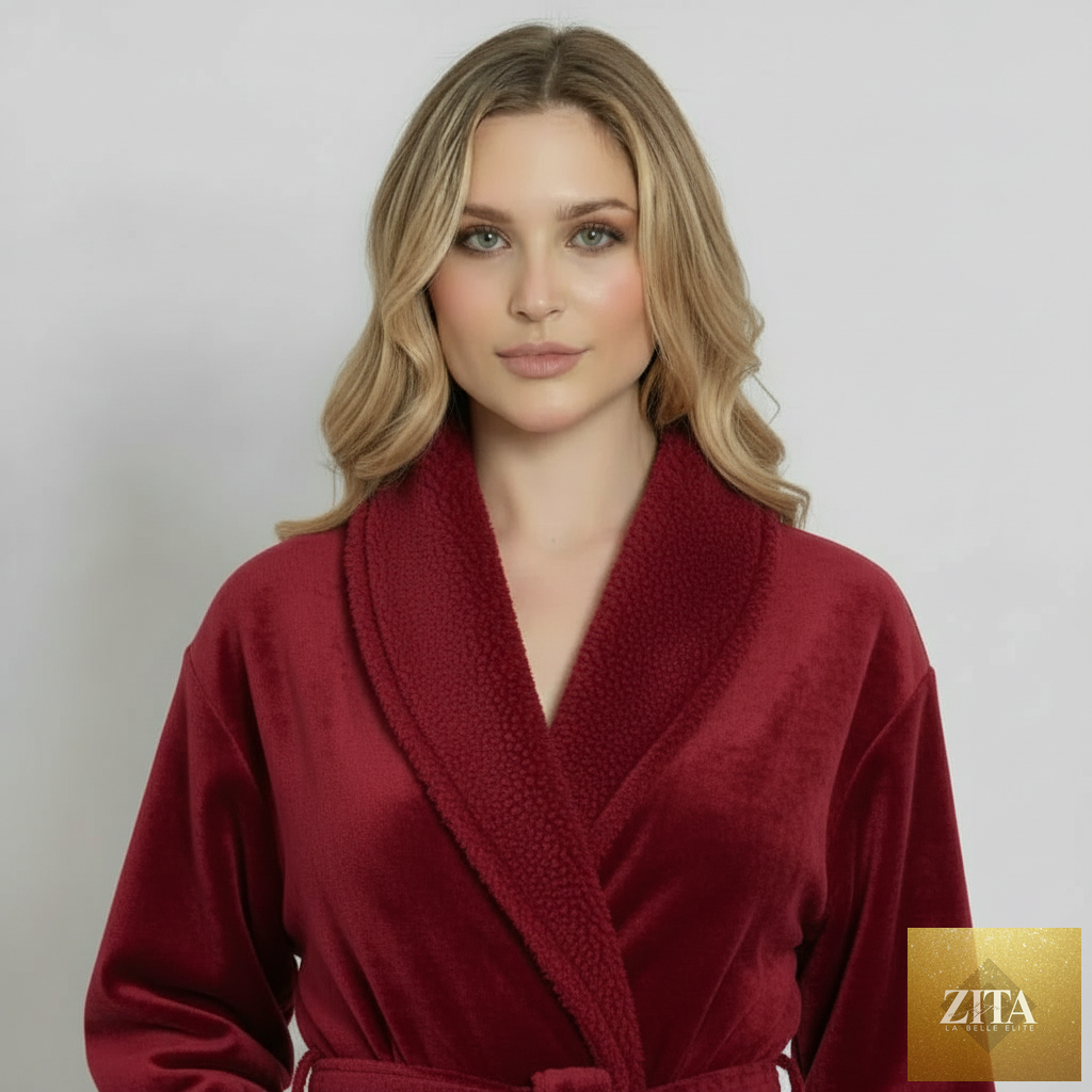 Women's ultra soft plush bathrobe by Lotus Linen in wine red, front view showing cozy, plush fabric and relaxed fit.