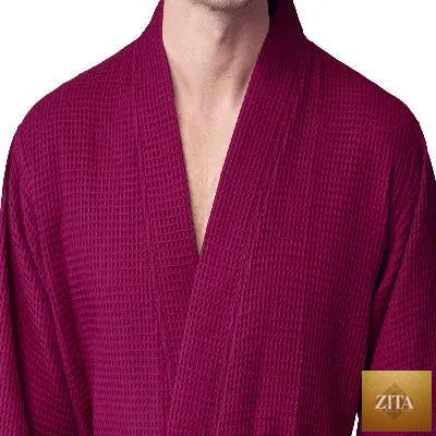 Lotus Linen men's waffle spa bathrobe in wine red, lightweight and absorbent, shown from the front.
