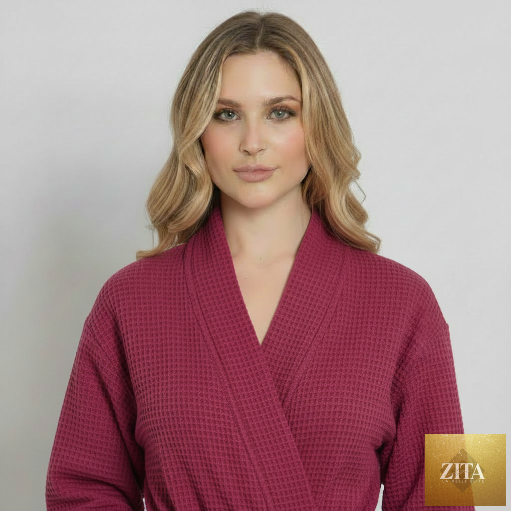 Womens lightweight wine-red waffle robe by Lotus Linen, quick-dry spa comfort, front view with textured fabric and relaxed fit.