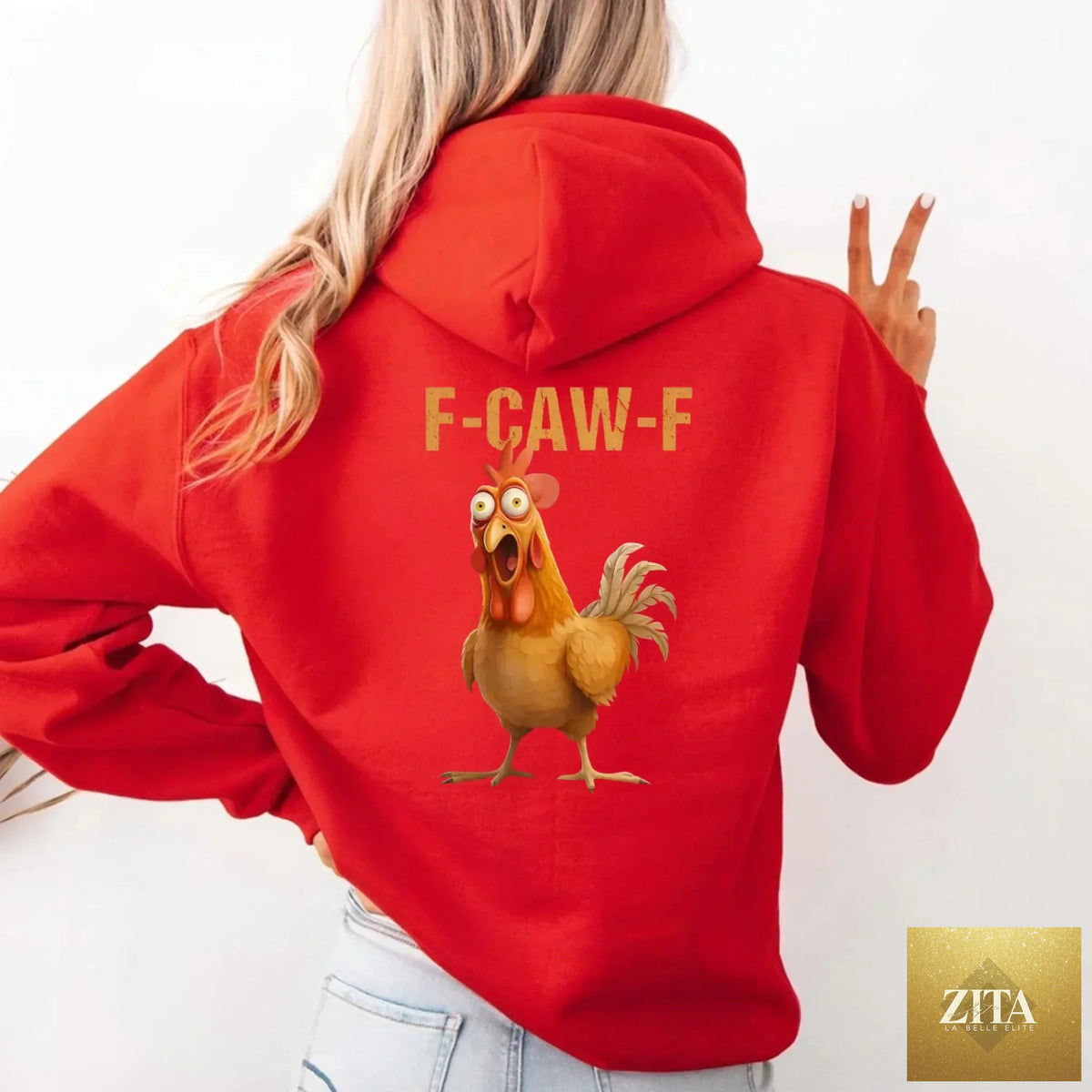 Unisex rooster hoodie featuring humorous "F-Caw-F" design, made by Adorb Custom Tees, shown in a casual front view.